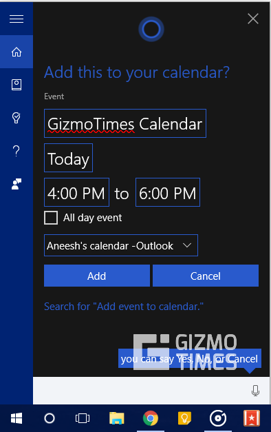 Cortana Calendar Event