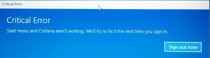 Start Menu Critical Error Windows 10
