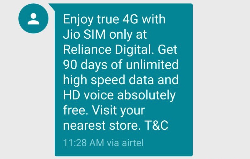 Reliance Digital SMS for Jio 4G SIM