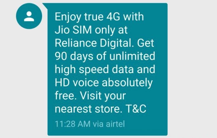 Reliance Digital SMS for Jio 4G SIM Reliance Digital SMS for Jio 4G SIM