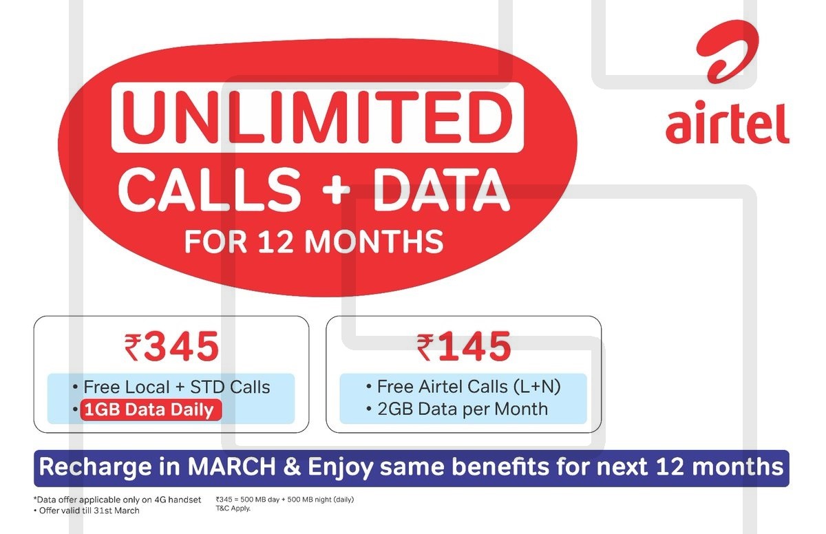 Airtel offers 1GB data per day and free calls for Rs. 345 per month