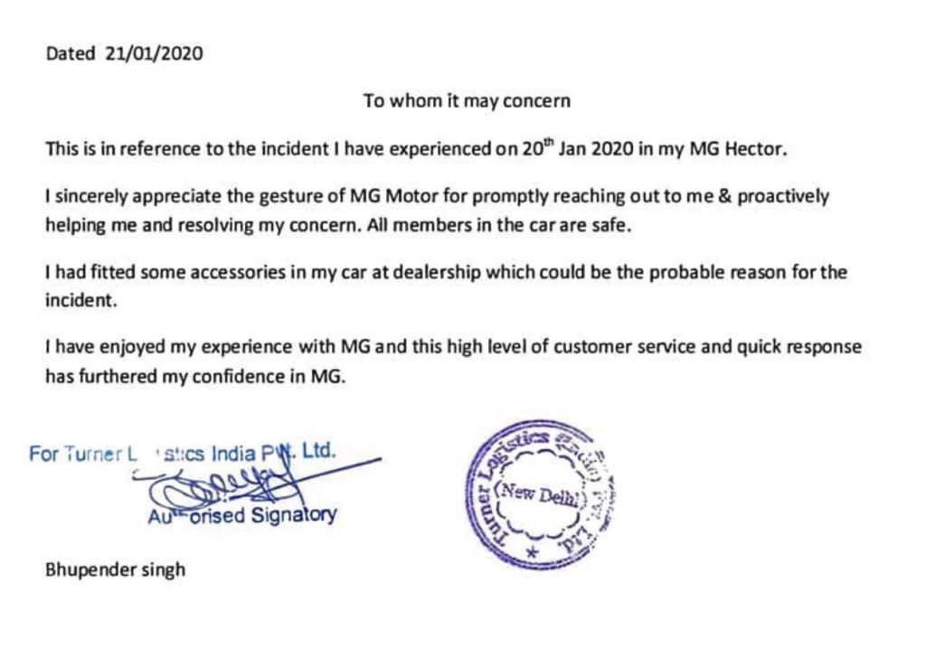 MG Hector customer statement