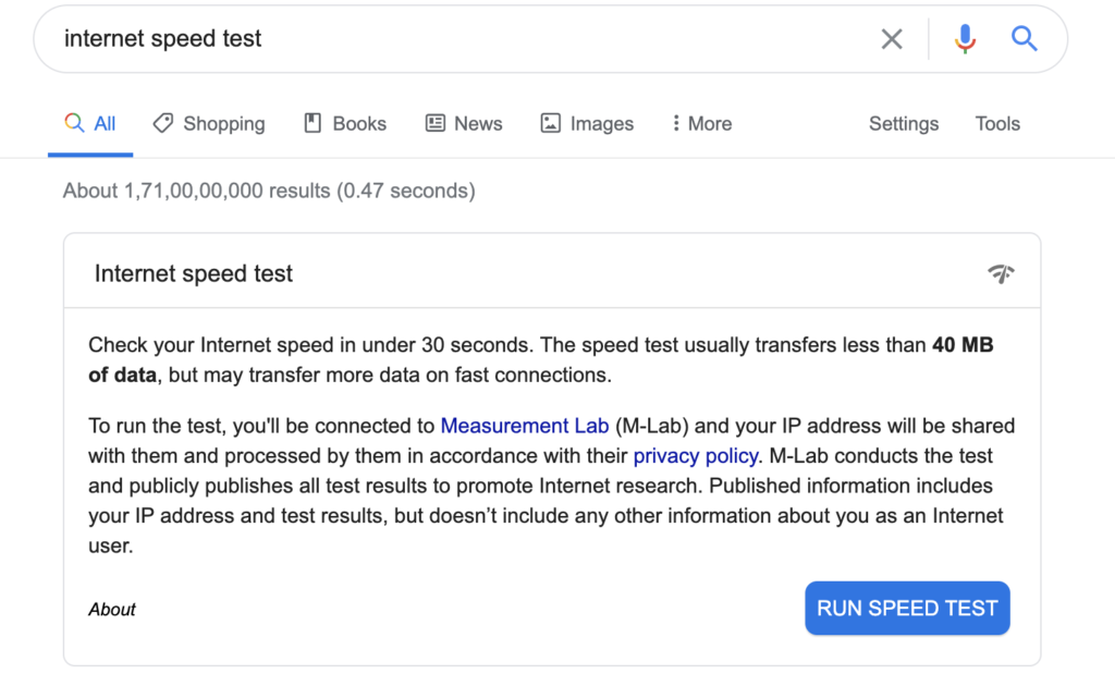 Google search internet speed test