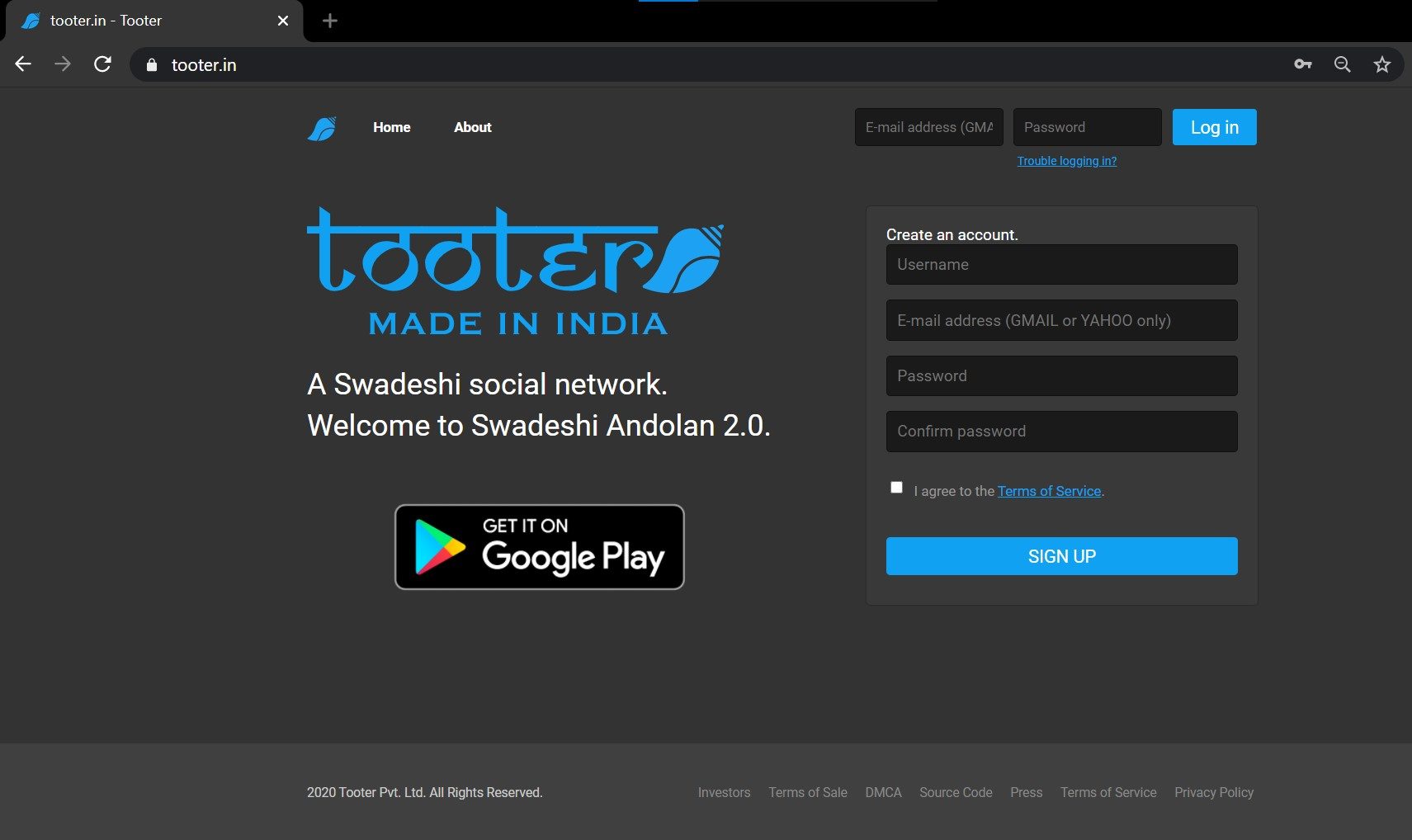 Tooter Welcome Page